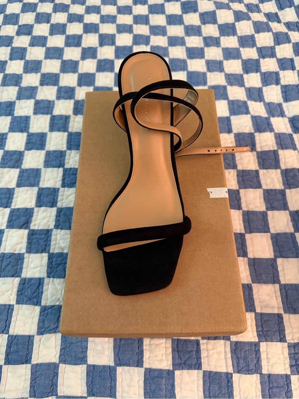 New still in box suede heels wrap around ankle strap.